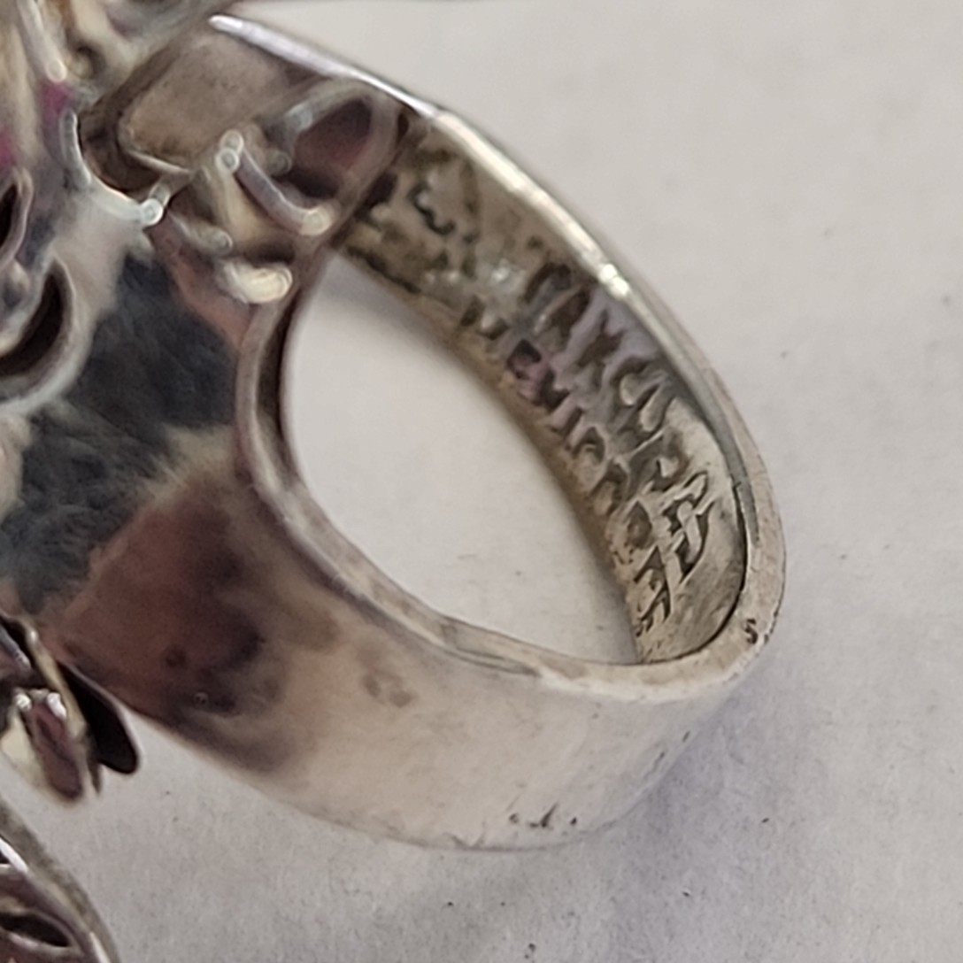 Mexican Abalone Ring 925 Sterling Silver Carved Taxco Chicken Feet Signed 7