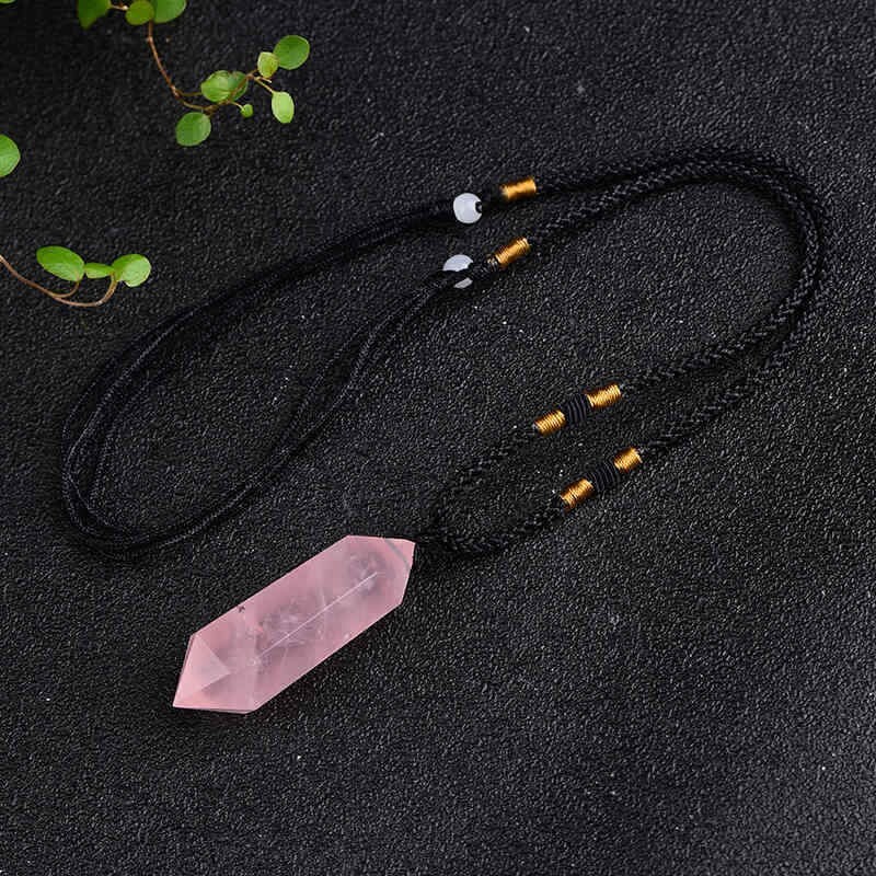 Natural Rose Quartz Hexagon Pendant Necklace Pink Crystal Double Point Amulet