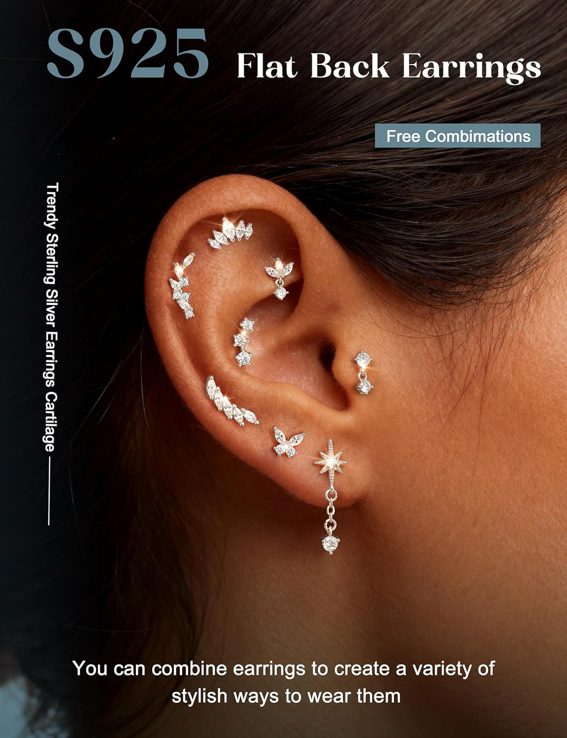 Hypoallergenic Cartilage Earrings for Women Flat Back-925 Sterling Silver Post S