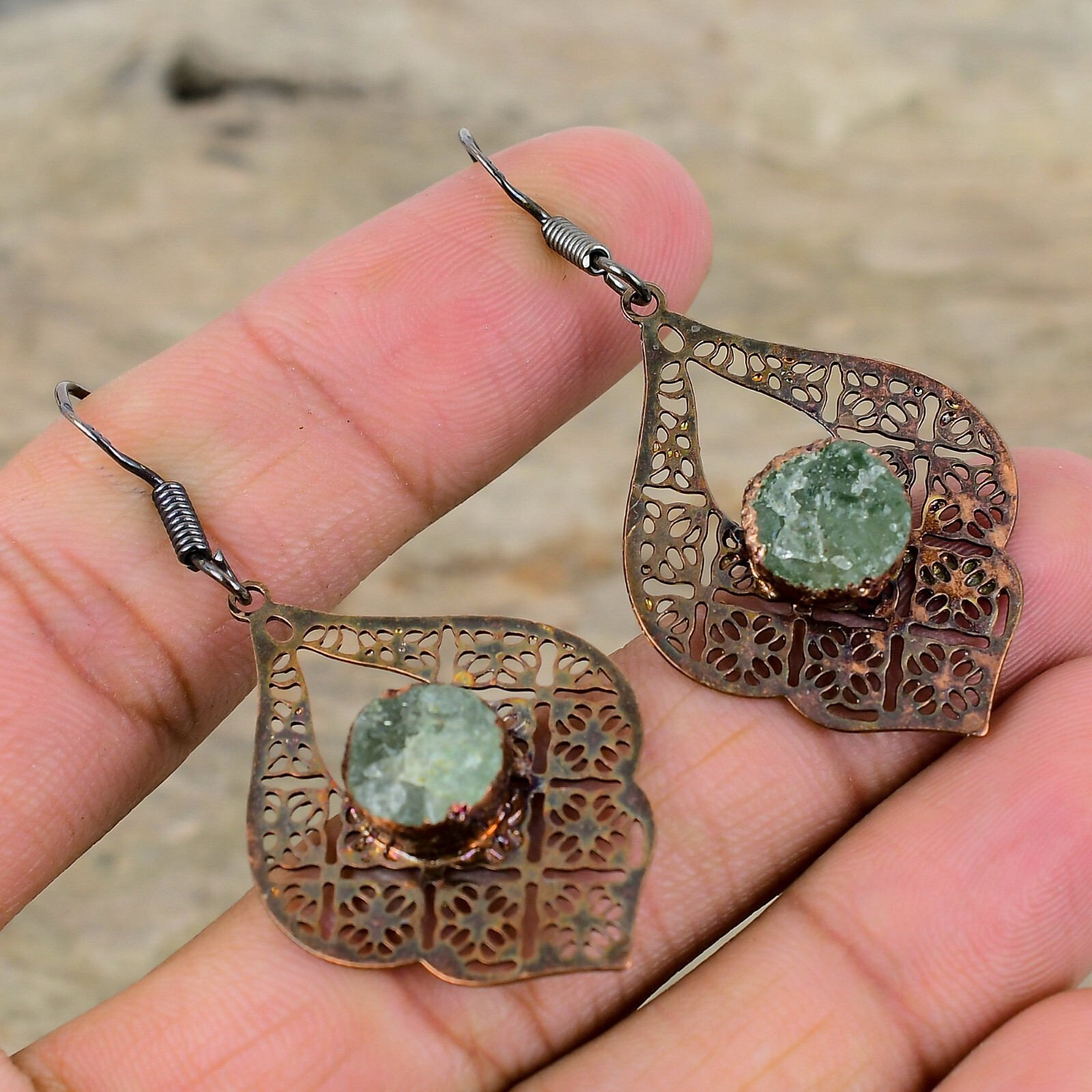 Aquamarine Rough Copper Mother Gift Electroformed Drop/Dangle Earrings 2.24″