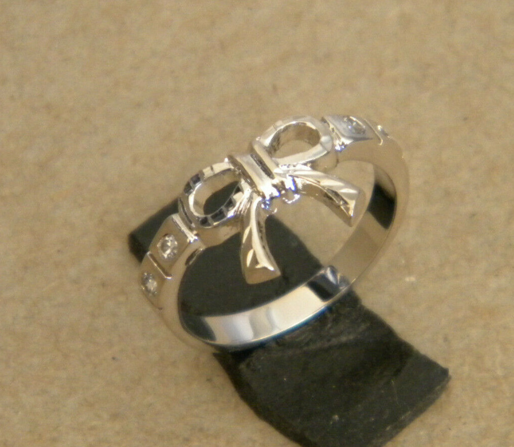 Girl Lady’s Women’s Rhodium Plated 4 Clear CZ & Bow Ring Size 7.5 New
