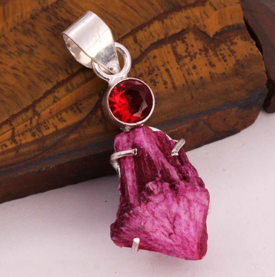 Rough Pink Scolecite Garnet 925 Silver Plated Handmade Pendant of 1.8″