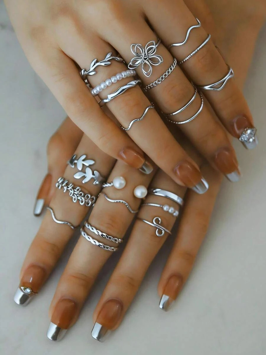 20pcs Women Ring Set Leaf Flower Pearl Stackable Knuckle Rings