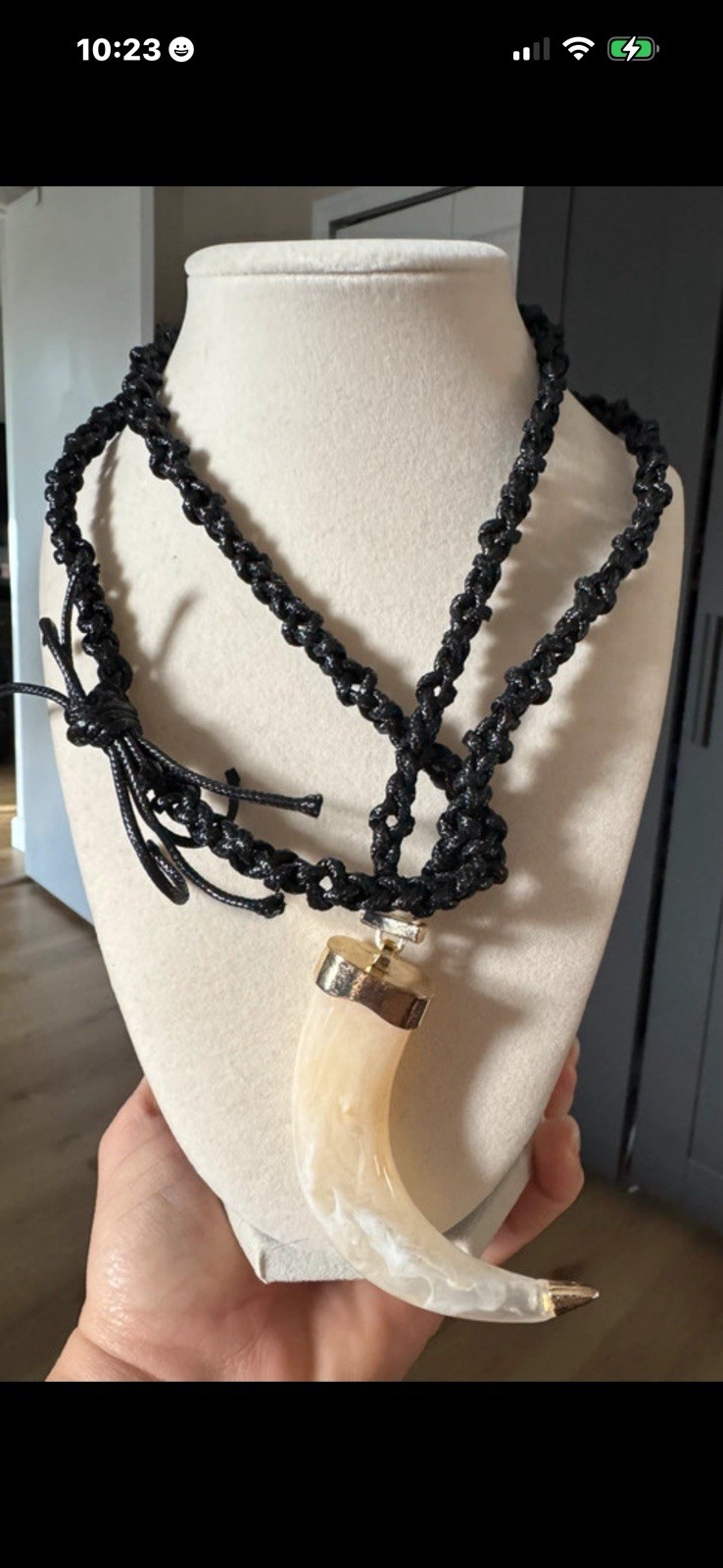 Black Adjustable Cord Necklace w/ Resin Tusk Pendant, Bohemian, No Stone