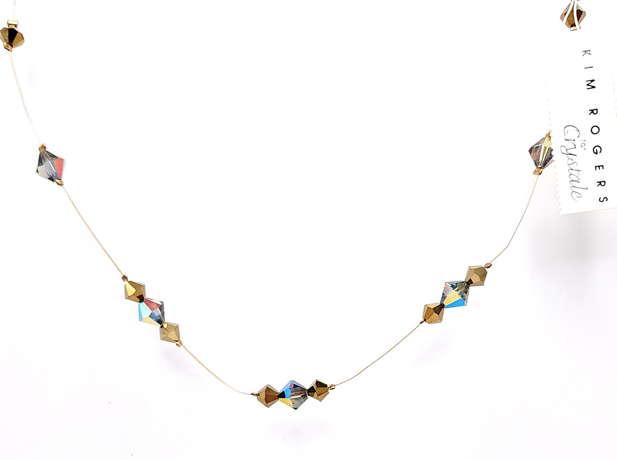 Kim Rogers Wire Choker Necklace Amber Iridescent Crystal Beads Gold Tone NWT