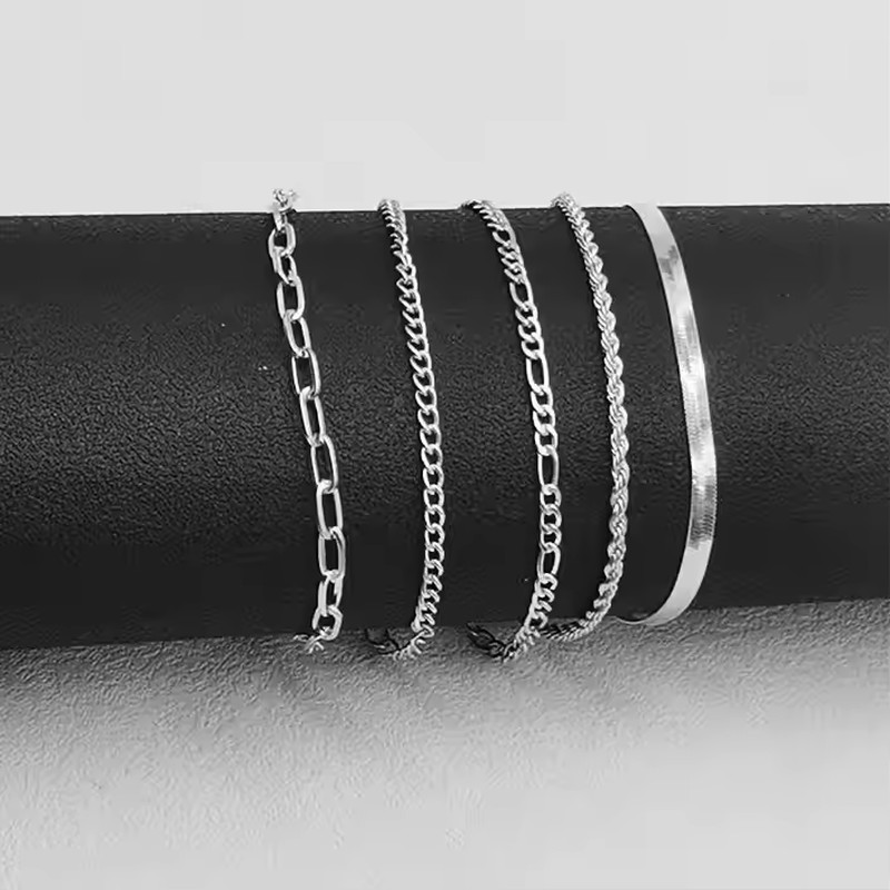 5PCS Silver Plated Bracelet Set Adjustable Stackable Chain Bracelets Women