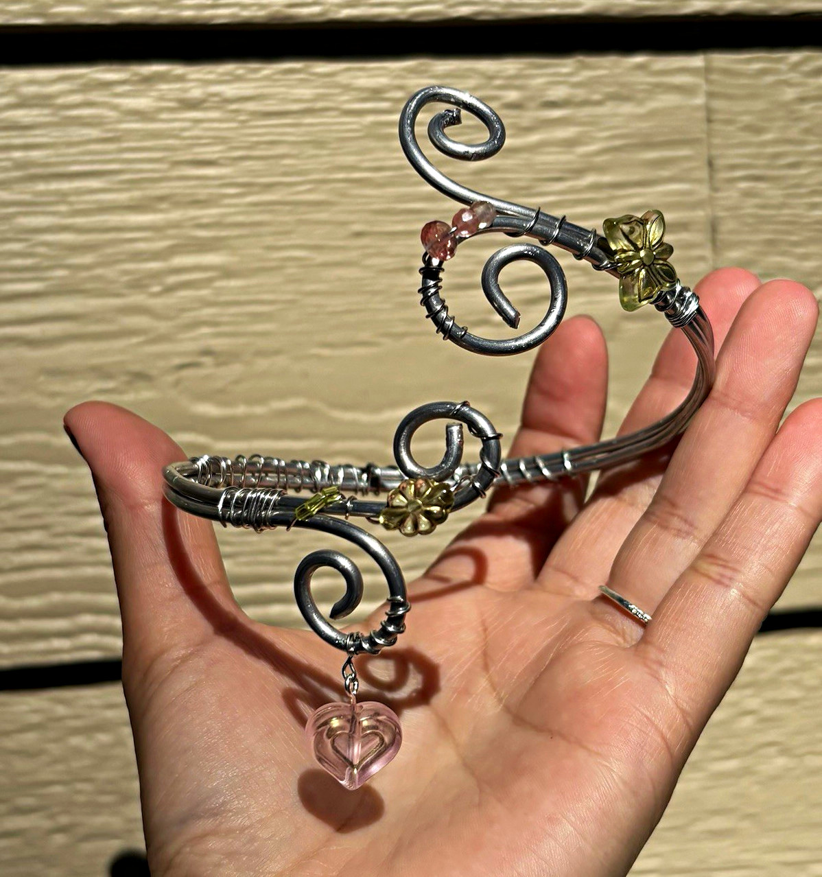 Silver Tone Metal Wire Wrap Cuff Bracelet with Pink Heart Dangle Charm