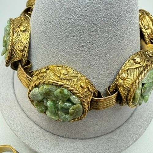 Vintage Gold Tone Green Stone Ring and Bracelet Set MCM Etruscan Revival Chic