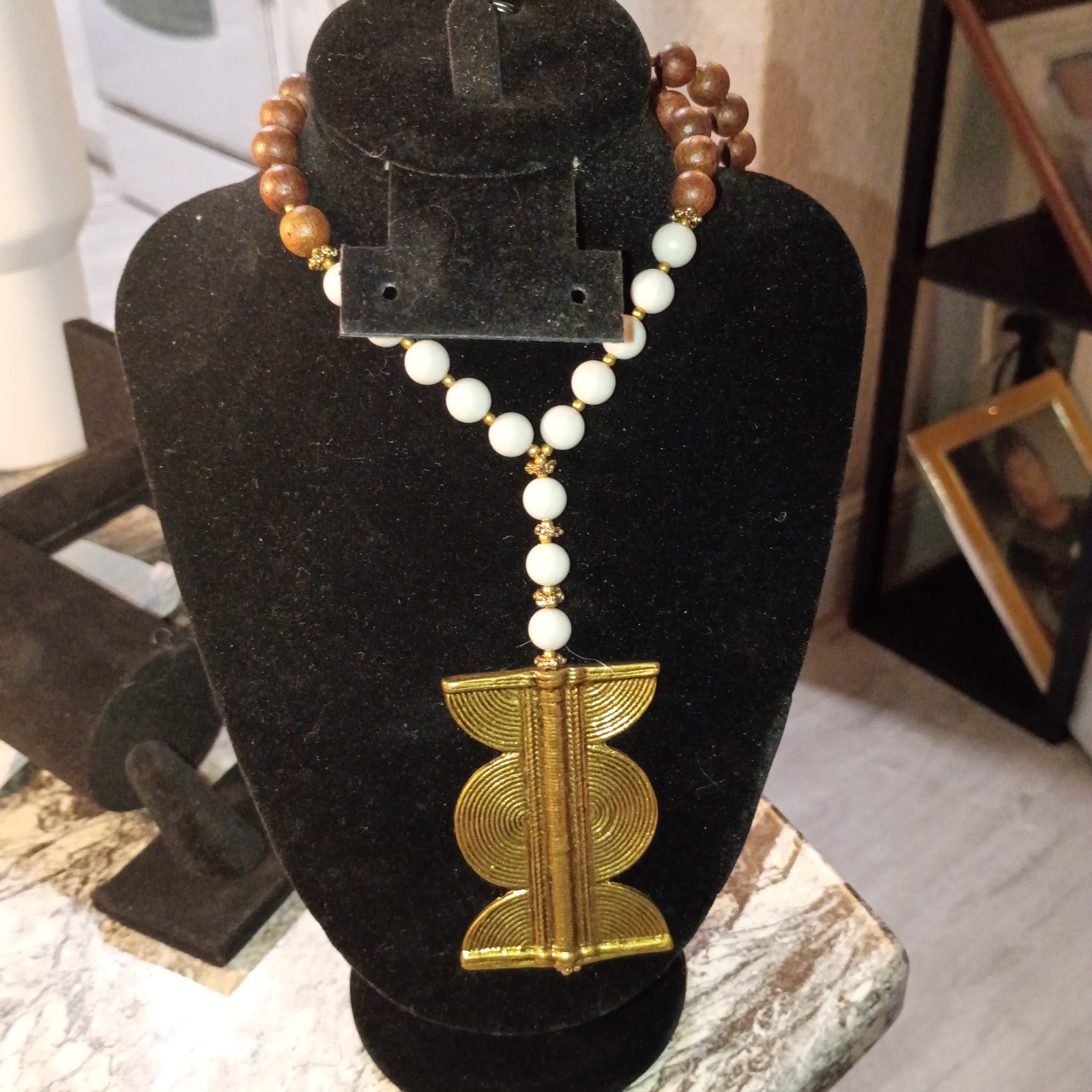 Gold Tone Beaded Necklace, Asymmetrical Amulet Pendant, White Brown Beads