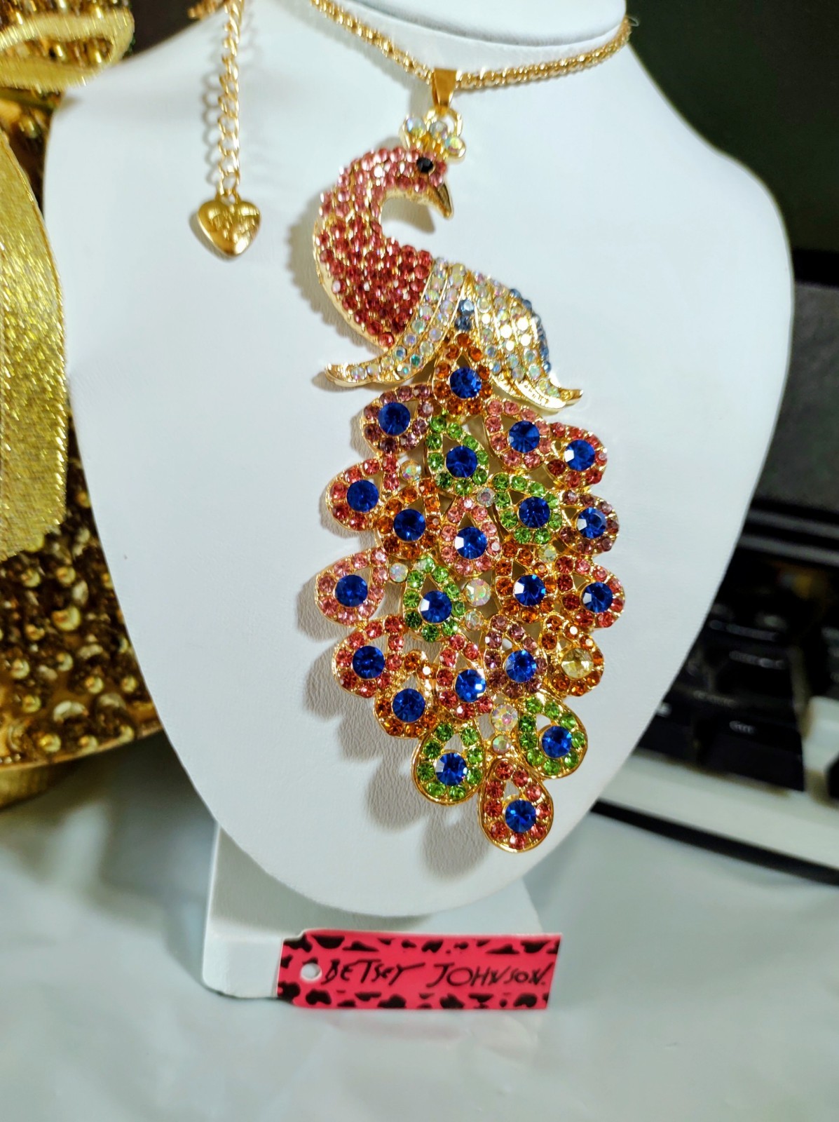 Vintage Betsey Johnson Rhinestone Peacock Necklace Pendant,Pink,Blue,Green