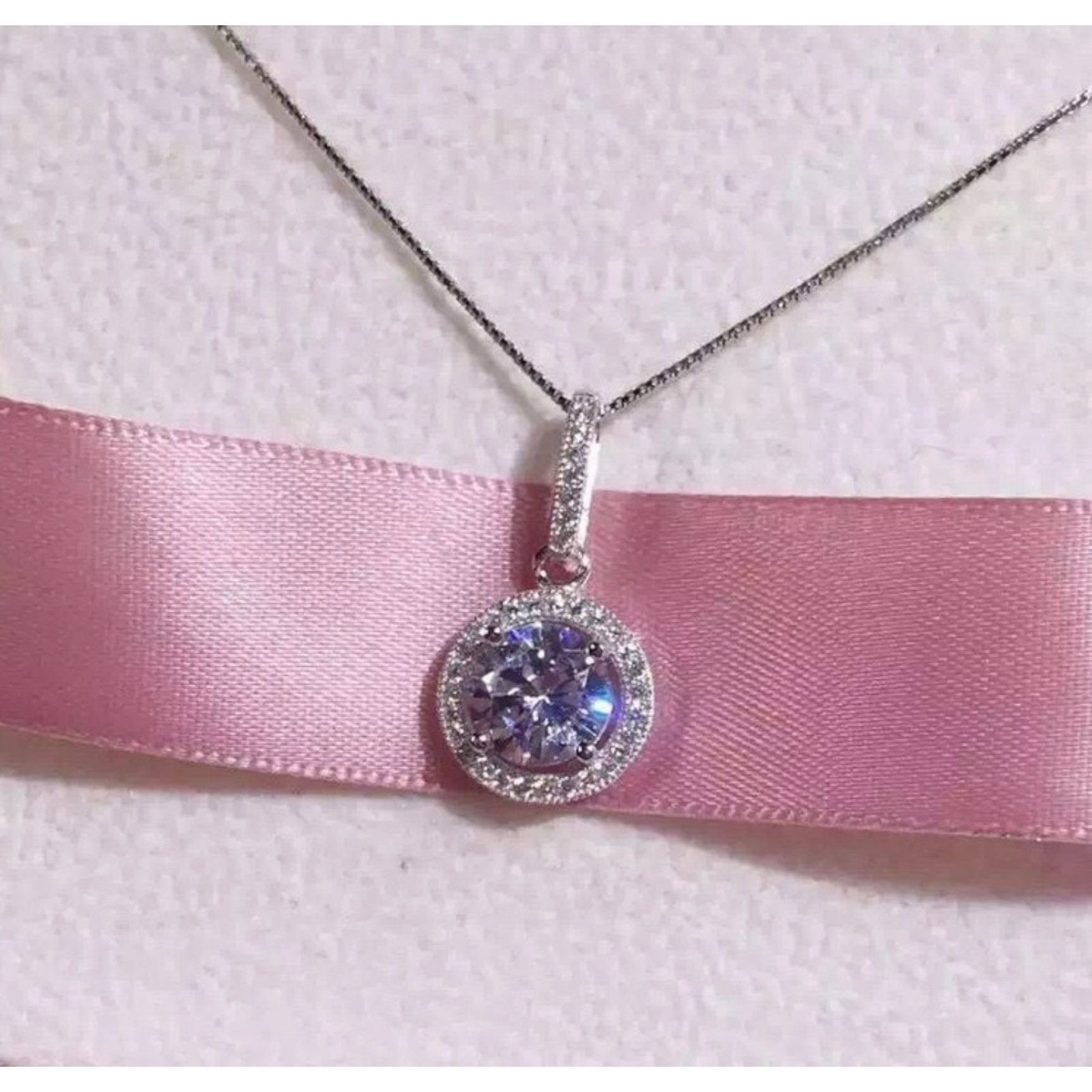 925 Sterling Silver Halo Round CZ Pendant Necklace 18″ Chain Gift Box B32