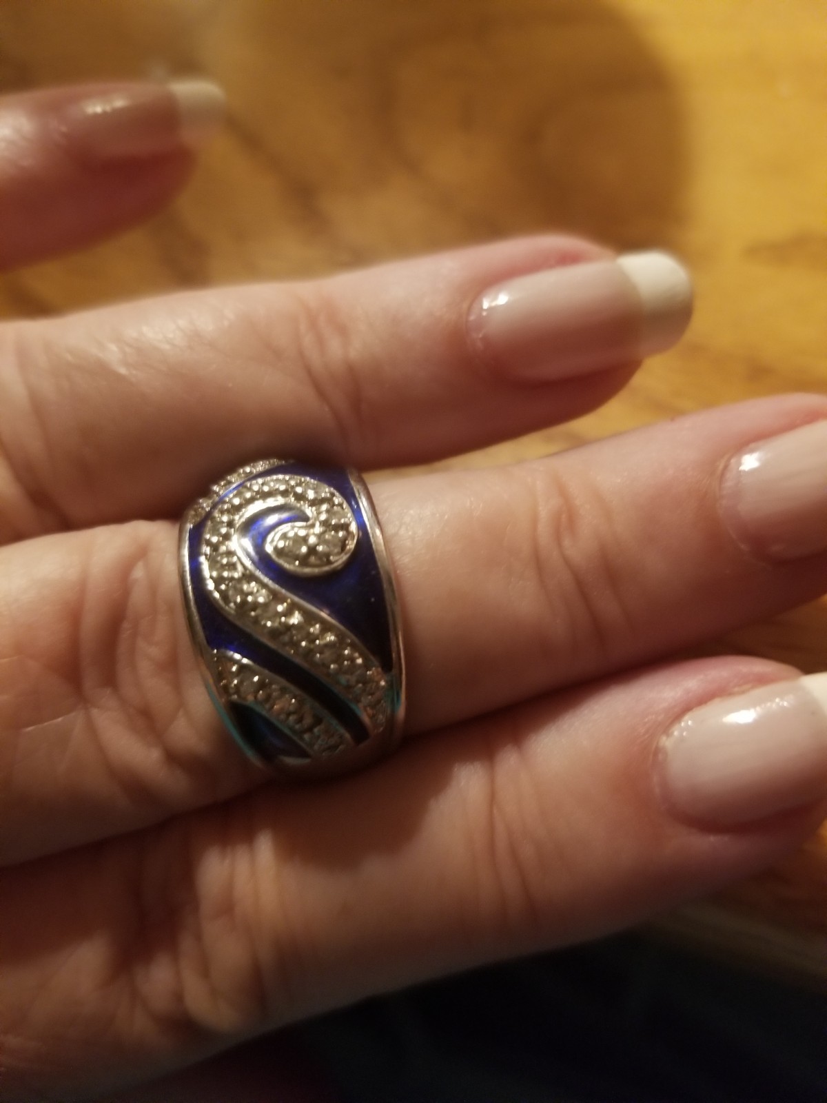 Vintage Hildago? Blue Enamel CZ Wave Ocean 925 Band Ring Sterling Silver 8.2 G