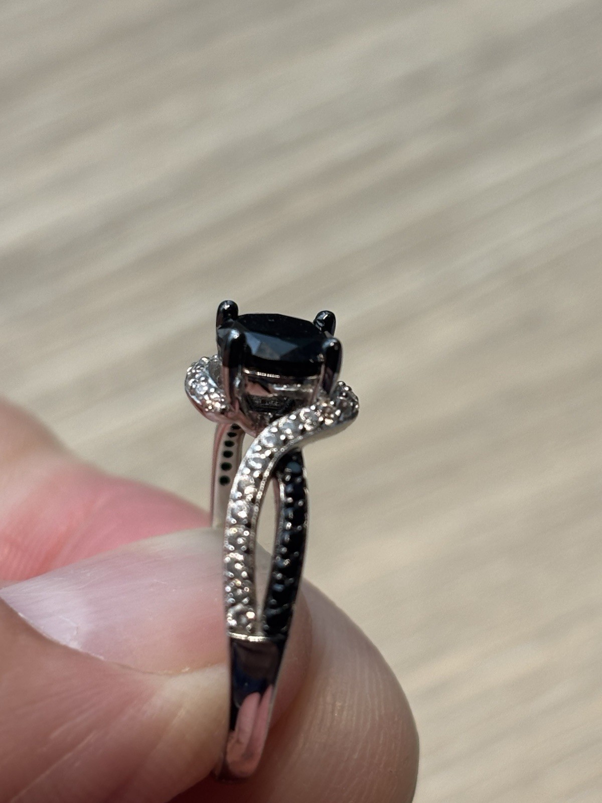 Silver Tone Black Onyx Round Prong Set Swirl Ring Sim Diamond Accents Sz 10