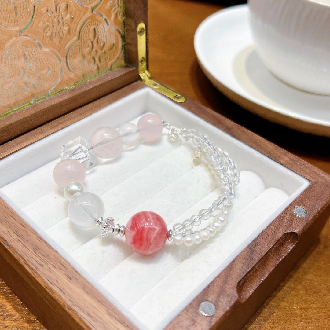 Natural Pearl Rose Quartz Rhodochrosite Original Design Handmade Bracelet