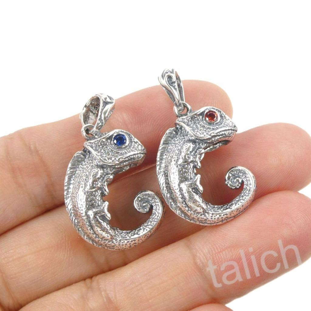 925 Sterling Silver Chameleon Lizard Pendant with Red or Blue CZ Eyes Unique