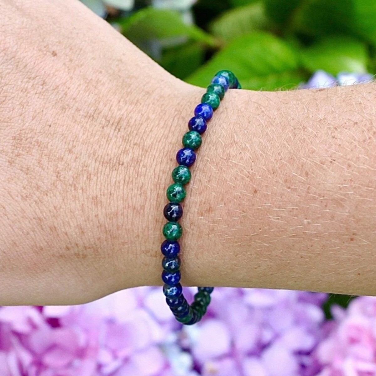 Azurite Malachite Gemstone Stretch Dainty Bracelet Minimalist 4mm Round Beads