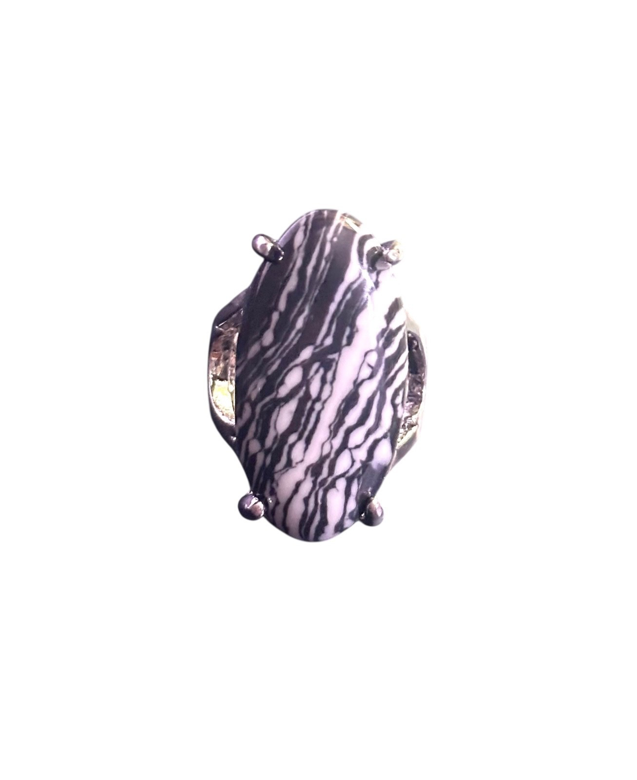 Fashion Ring- long oval stone- silver color- black & white- Size 5
