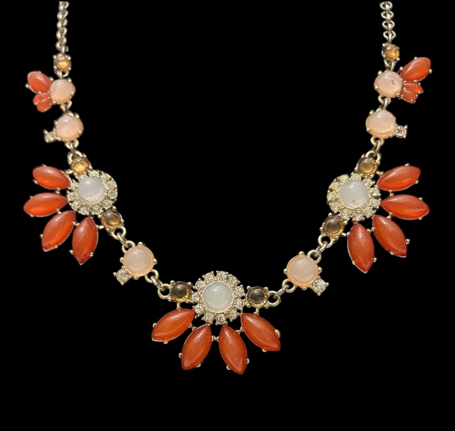 Coral Acrylic Cabochon & Rhinestone Art Deco Statement Necklace