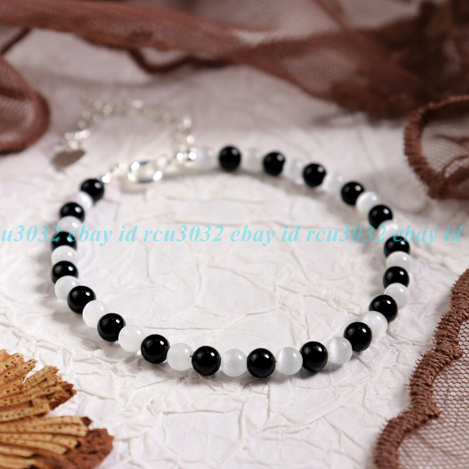 Natural 4mm Selenite Black Tourmaline Beads Crystal Healing Energy Bracelet 7.5″