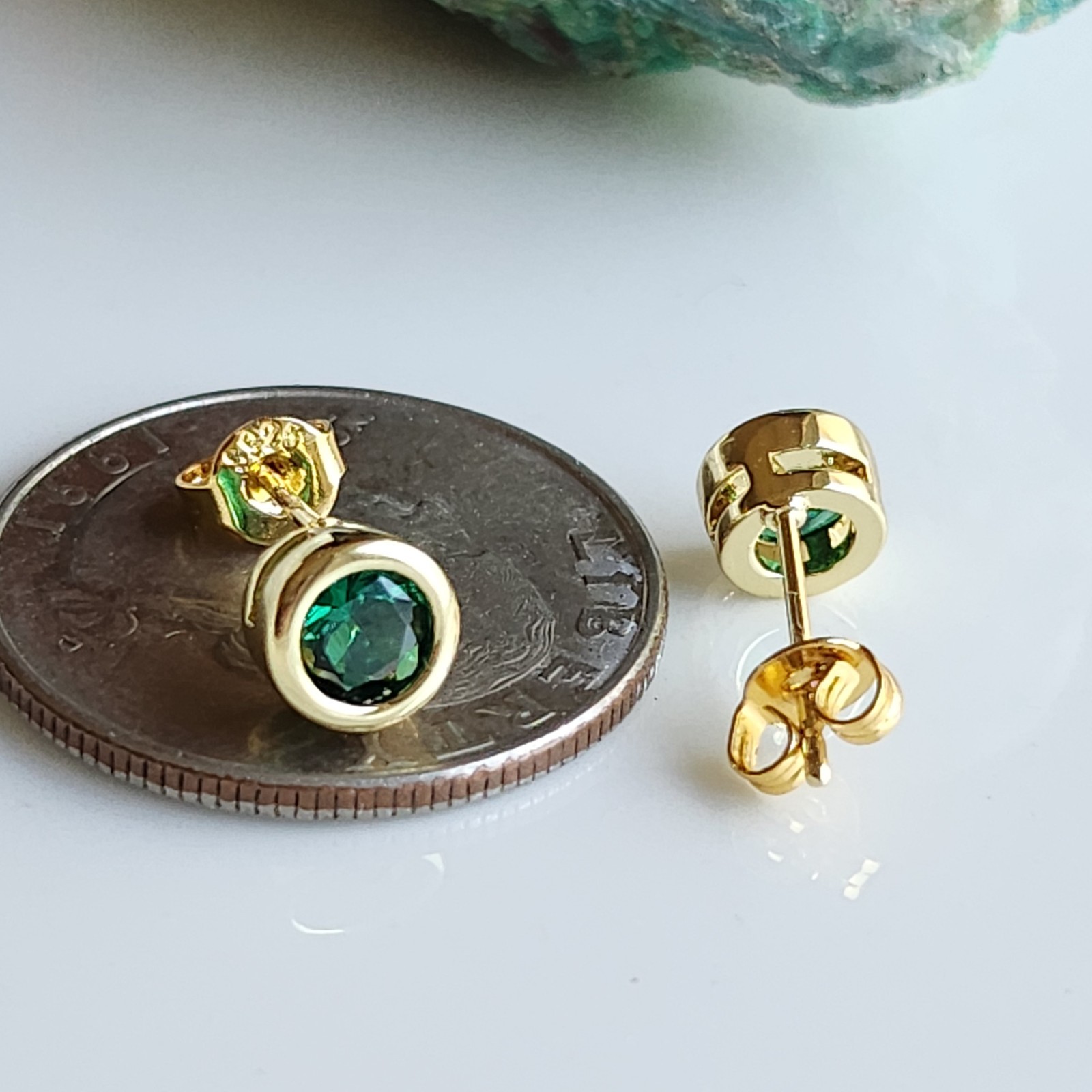 925 Sterling Silver 1CT Round Green Tourmaline Earrings Yellow Gold-Plated