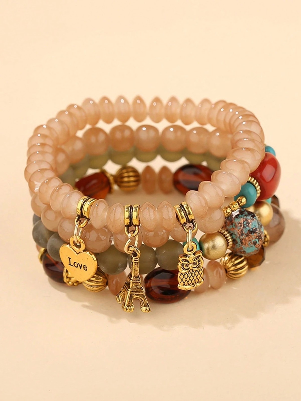 4PCS Boho Beaded Layered Bracelets Heart Owl Ladies Girls Women’s Jewelry Gift