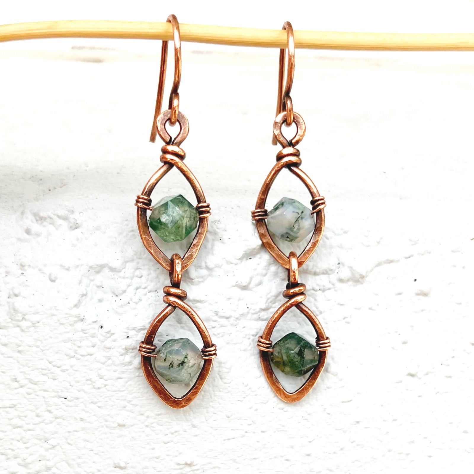 Rough Stone Bohemian Dangle Earrings Leaf Wire Wrapped Nature Jewelry Handmade