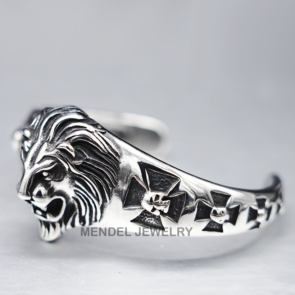 MENDEL 8 Inch Mens Stainless Steel Biker Lion King Head Bracelet Bangle Men Cuff