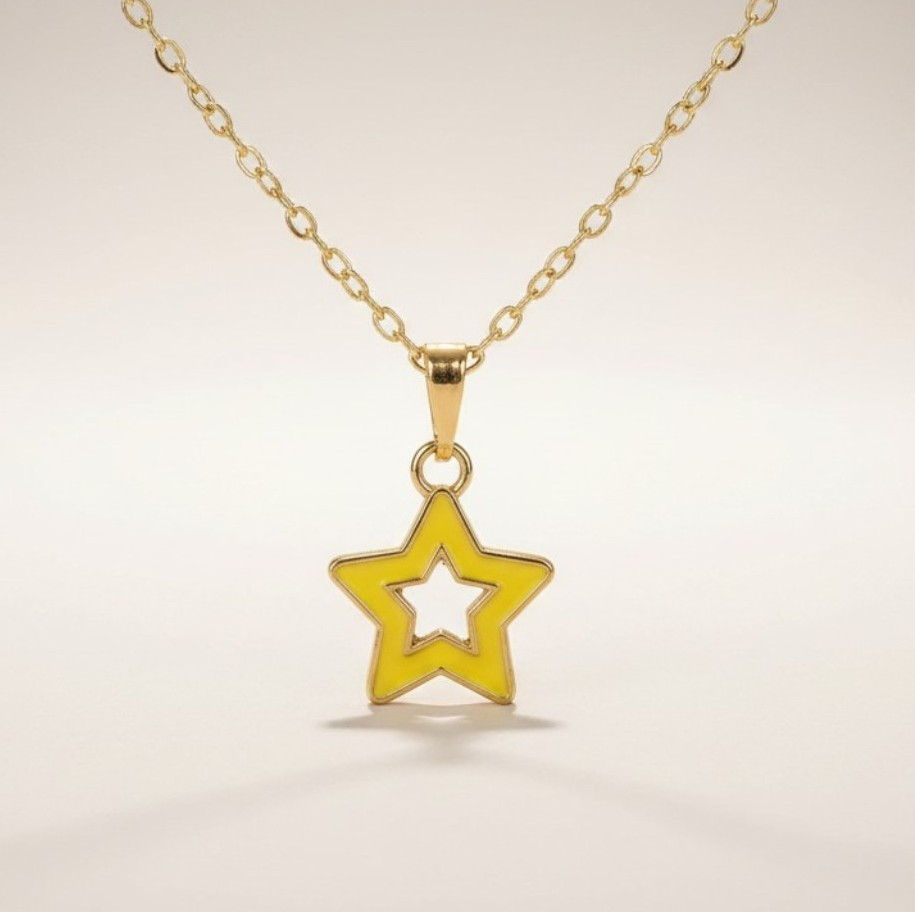 Small Hollow Yellow Star With Gold Trim Pendant Necklace