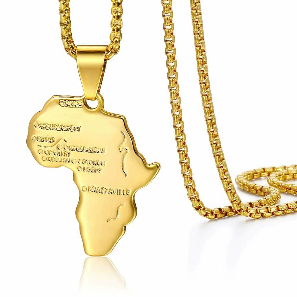 2Pcs Stainless Steel Curb Chains Gold Plated Africa Map Pendant Necklaces 20+22″