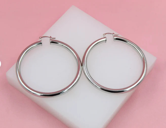 18K Rhodium Filled 5mm Latch Back Wide Hoop Earrings (J11-13)
