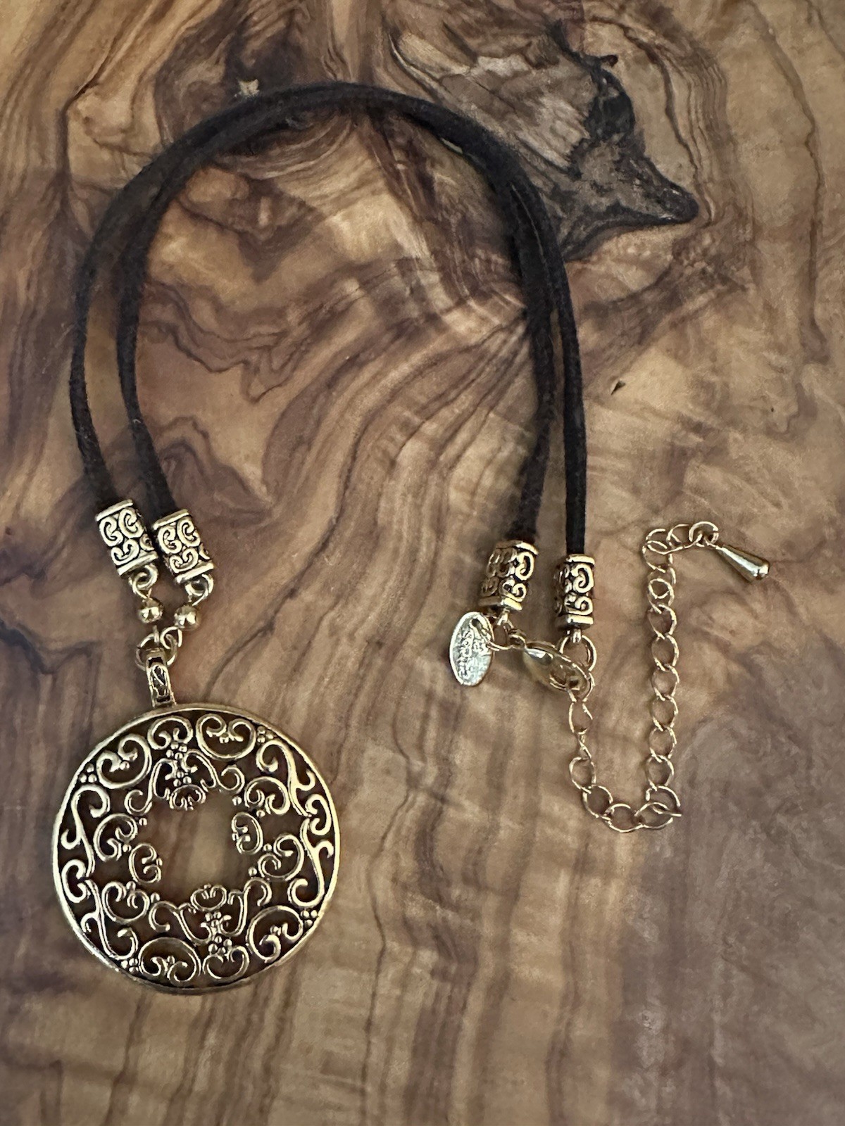 Lia Sophia Necklace “Botanica” Gold Round Filigree Pendant Brown Suede Cord