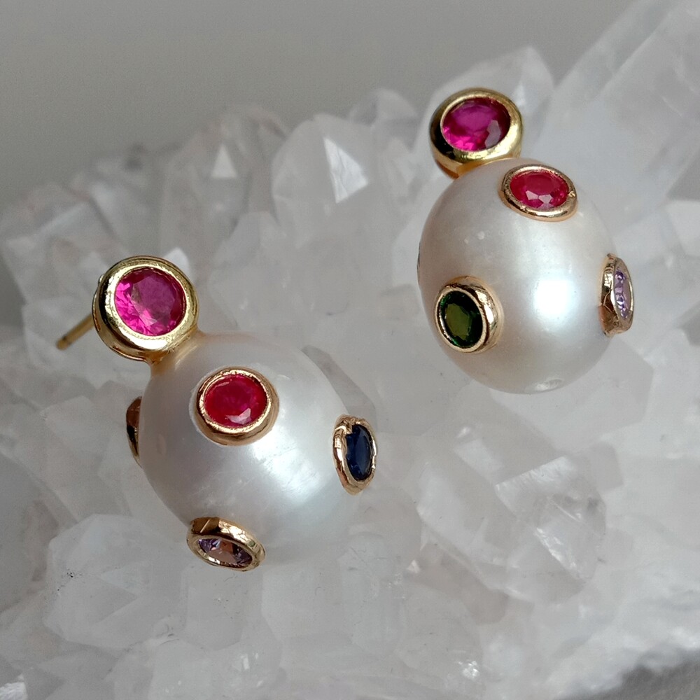 Cultured White Pearl Stud Earrings Pearls Cz Pave Handmade Designer Earring
