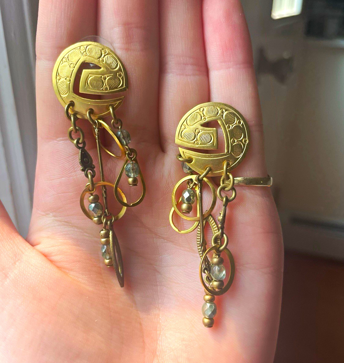 Gold Tone Etched Disc Dangle Drop Earrings Mixed Metal Charms Post
