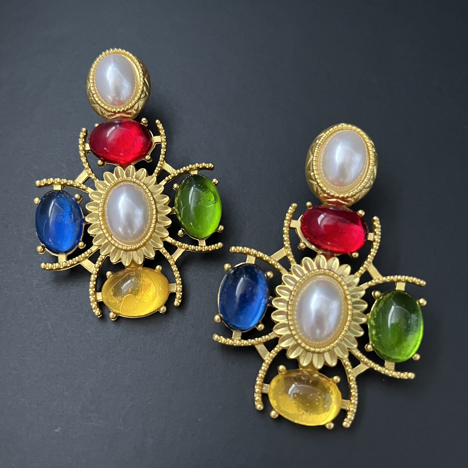 Maltese Cross Gripoix Glass Cabochon Earrings Gold Multicolor Faux Pearl
