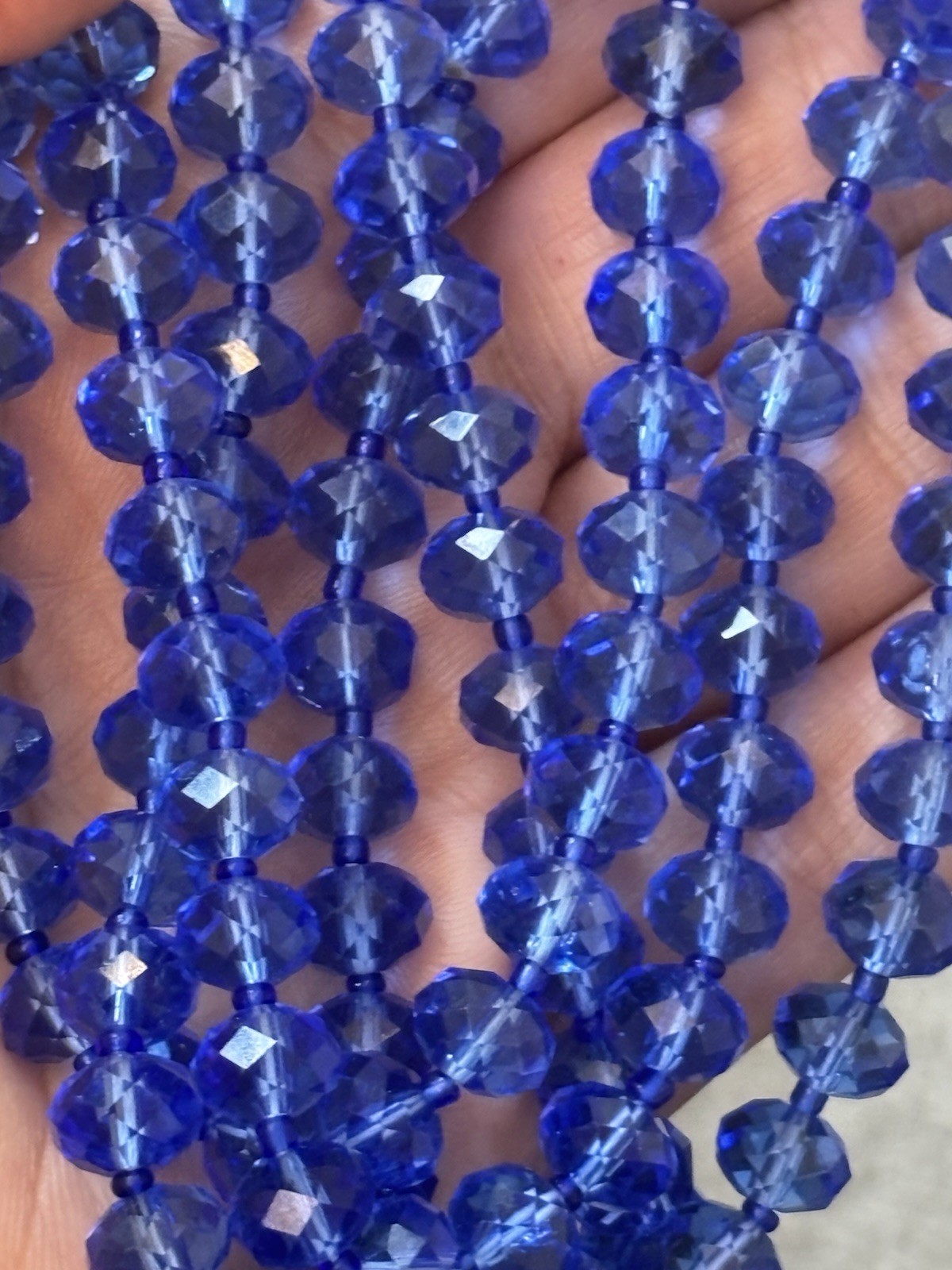 Vintage Faceted Rondel Blue Glass 42” Necklace 8mm