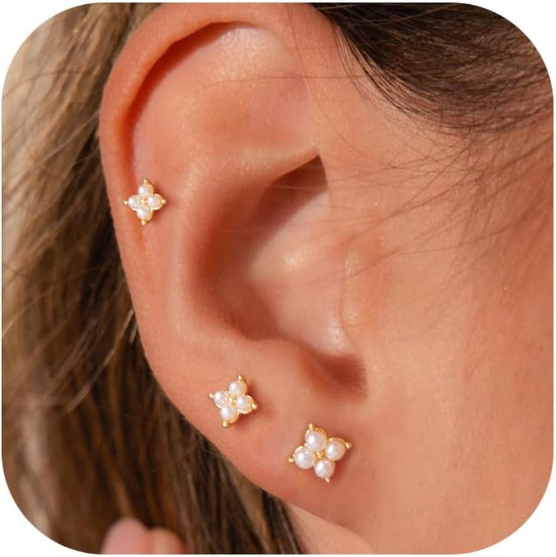 3 Pairs Small Flat Back Stud Earrings for Women-14K Gold Plated Hypoallergenic D