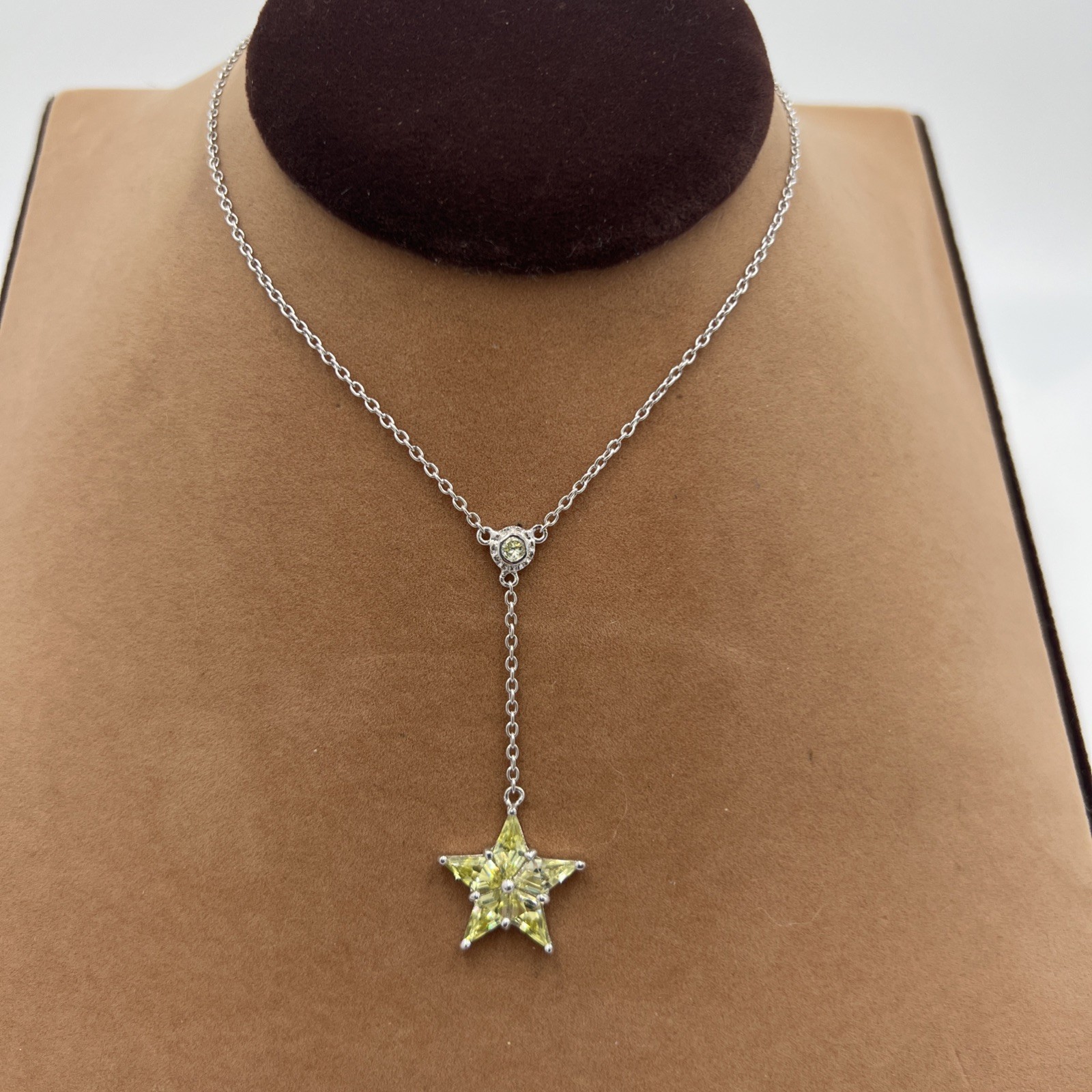Sparkling CZ Sterling Silver Necklace Citrine Yellow Star Y Drop Necklace 16″