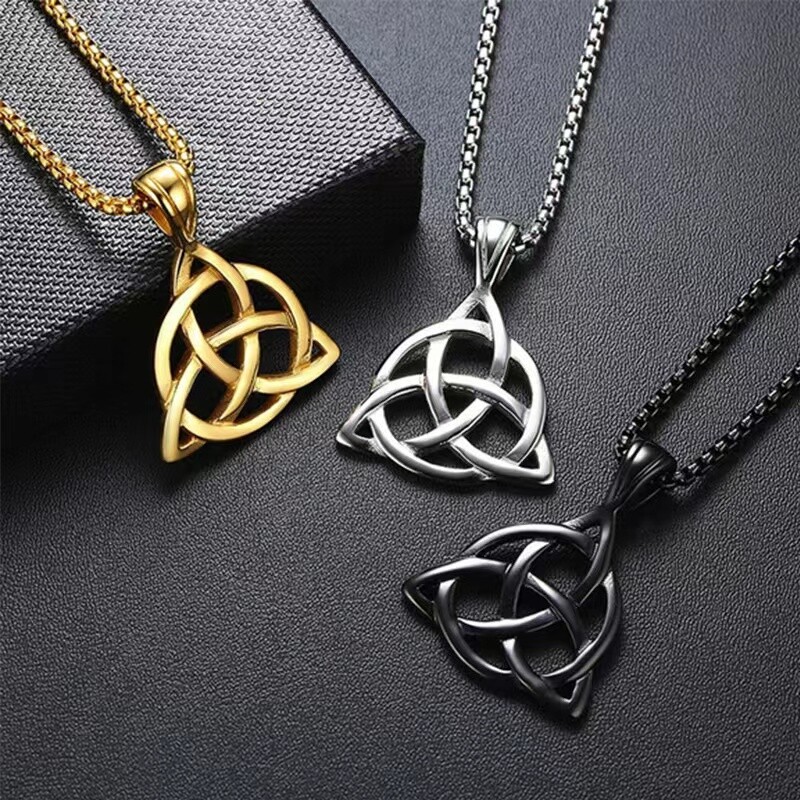 Mens Celtic Triquetra Trinity Knot Pendant Necklace Irish Jewelry Box Chain 24″