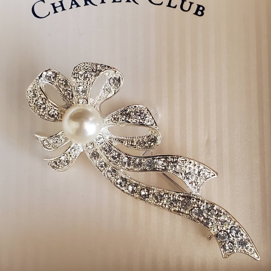 Charter Club Brooch Silver Tone with Faux Pearl and Crystal Accents New in Box