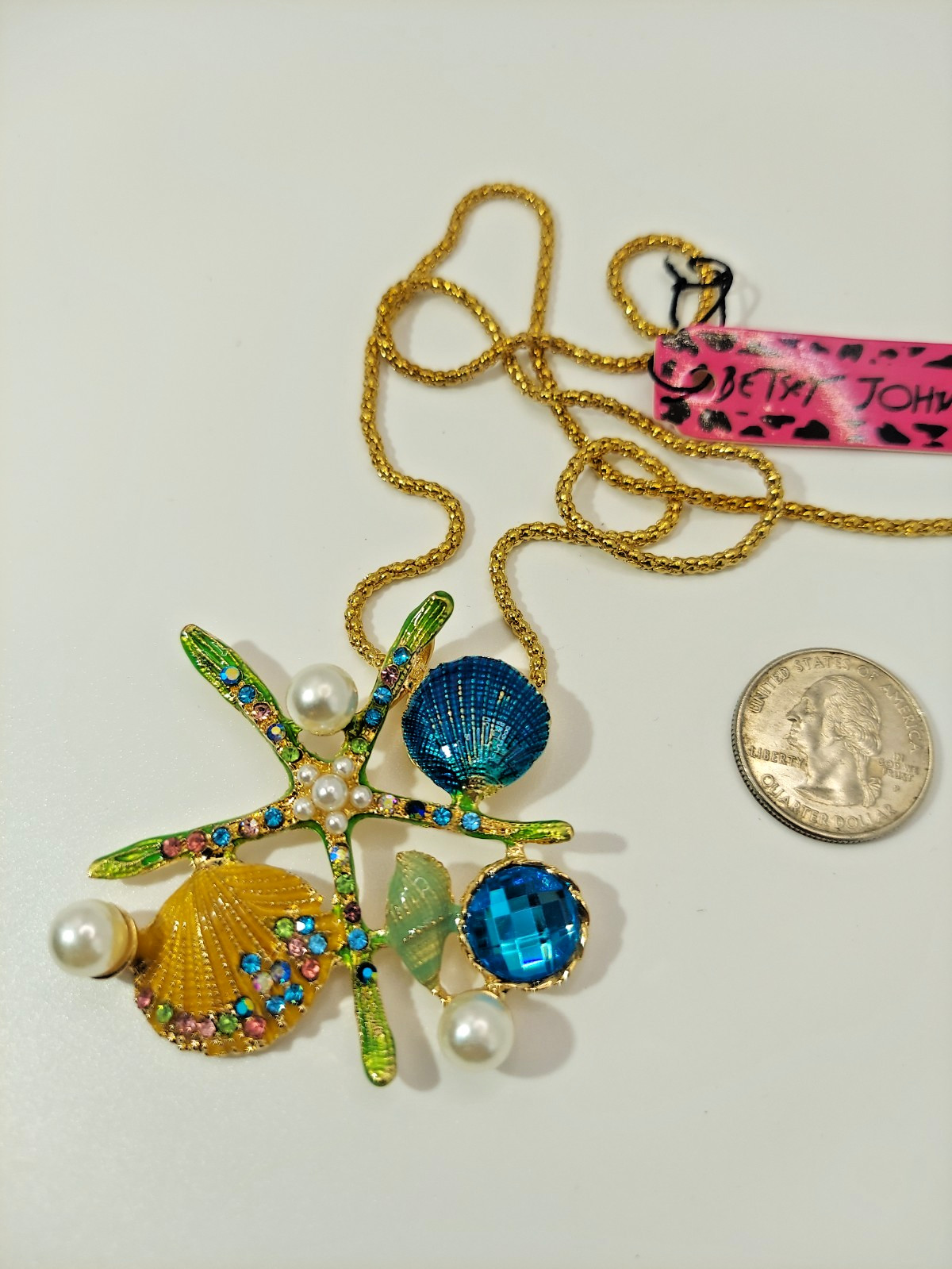 Betsey Johnson Pearl Starfish Seashell Necklace Gold Teal Green Rhinestone-Gift