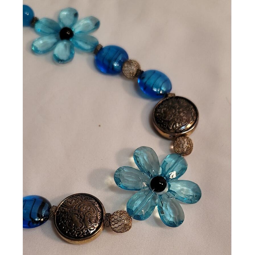 Blue Lucite Flowers Silver Medalian Black Beads Silver Mesh Beaded Necklace