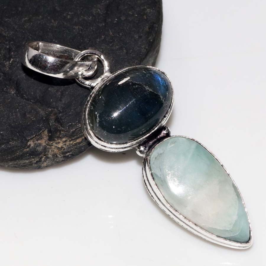 925 Silver Plated Long Larimar Fiery Labradorite Pendant 2″ Trendy Jewelry MJ