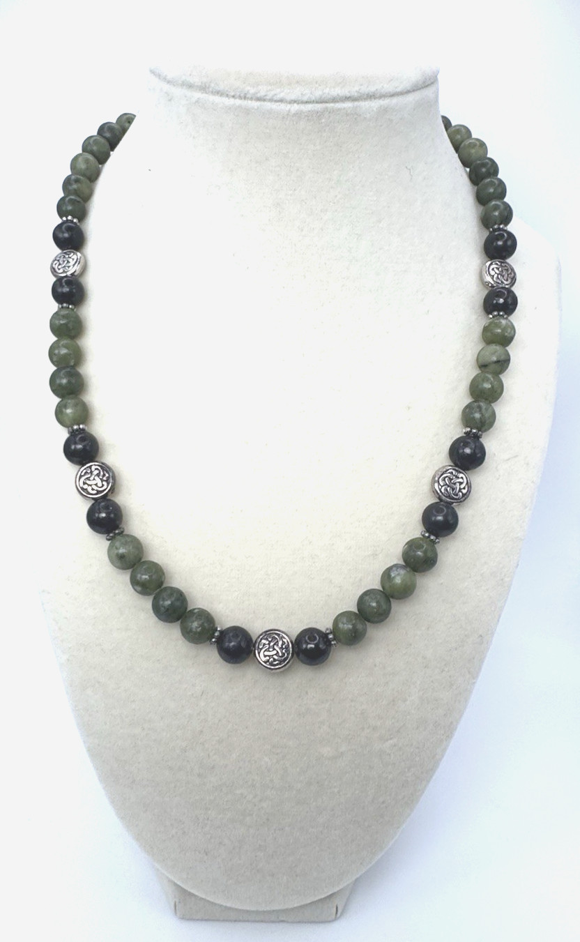 CONNEMARA MARBLE & SHUNGITE CELTIC KNOT SILVERTONE BEAD NECKLACE 18″ + 2″