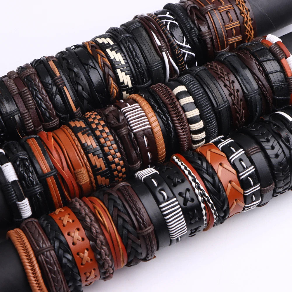20PCS Handmade Adjustable Vintage Leather Bracelets Unisex Mixed Styles
