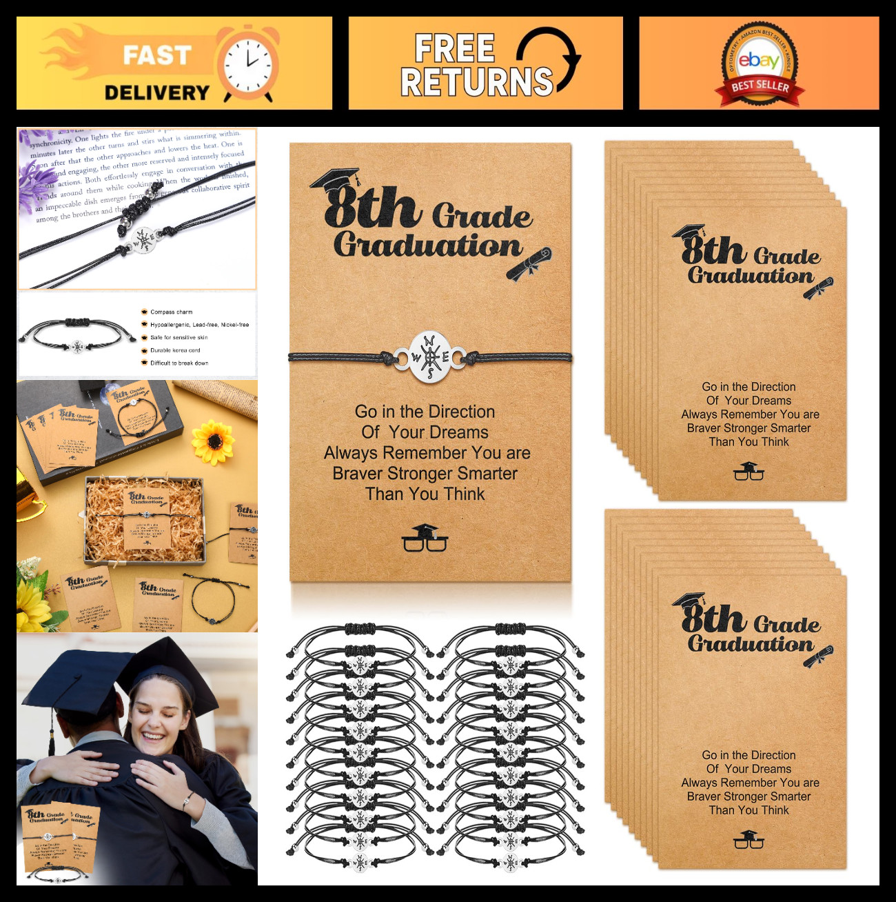 20 Set 8th Grade Graduation Compass Bracelets – Inspirational Adjustable Gifts f