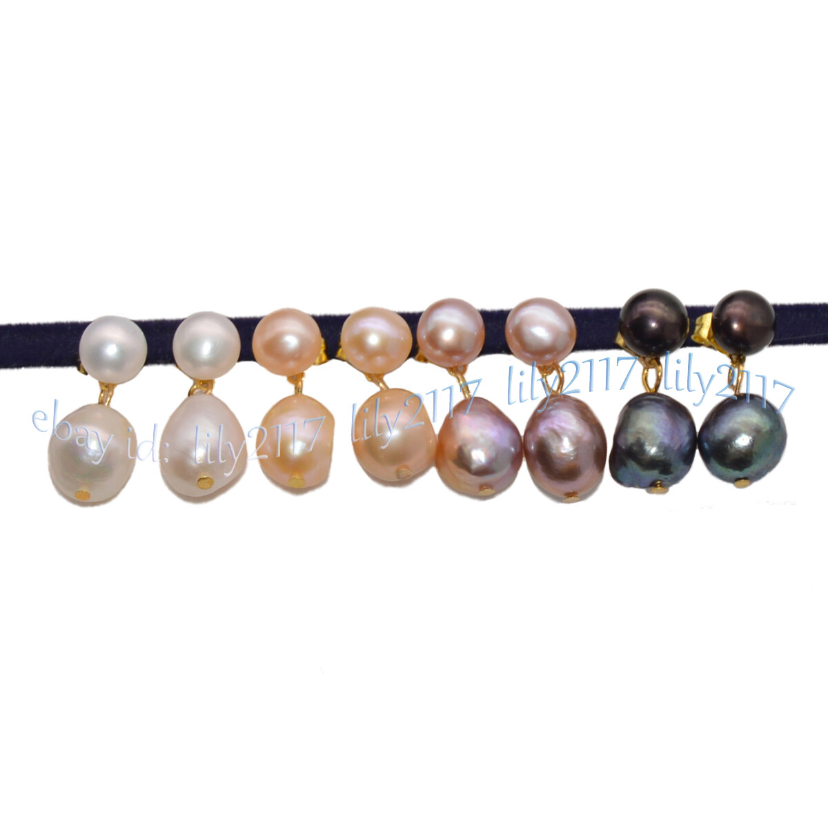 4 Pairs Natural Black White Pink Purple Double Akoya Pearl Dangle Stud Earrings