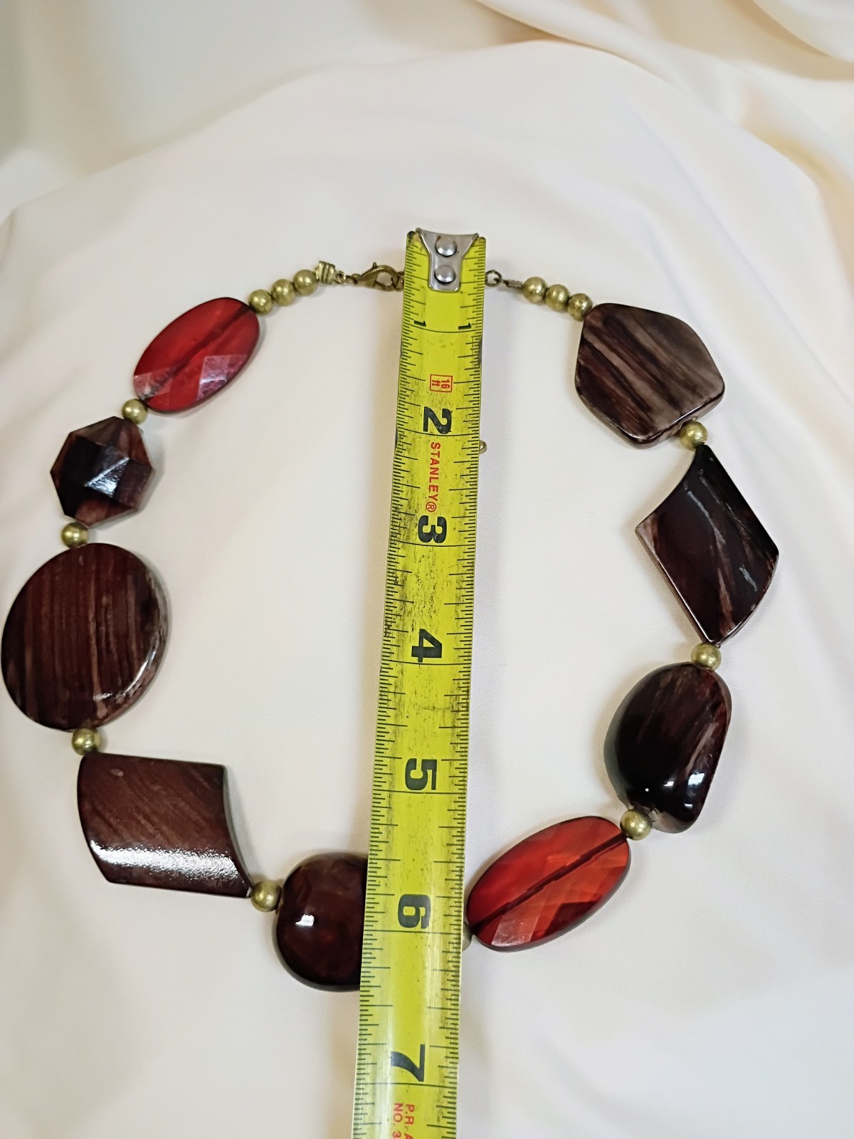 Brown & Red Beaded Faux Wood Beads Statement Necklace Gold Adjustable Extender