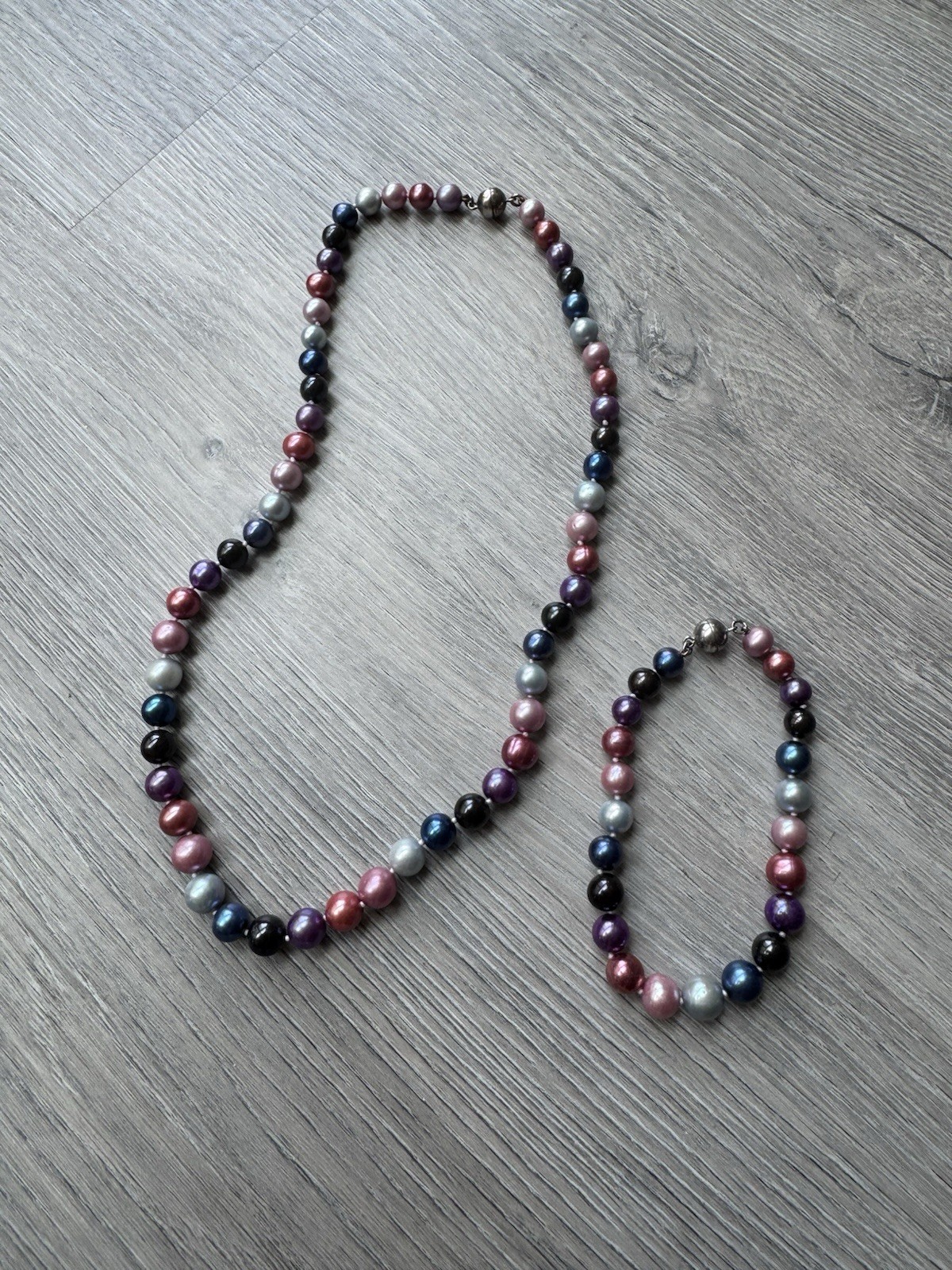 Multicolor Faux Pearl Necklace Bracelet Set Magnetic Clasp Purple Blue Pink Chic