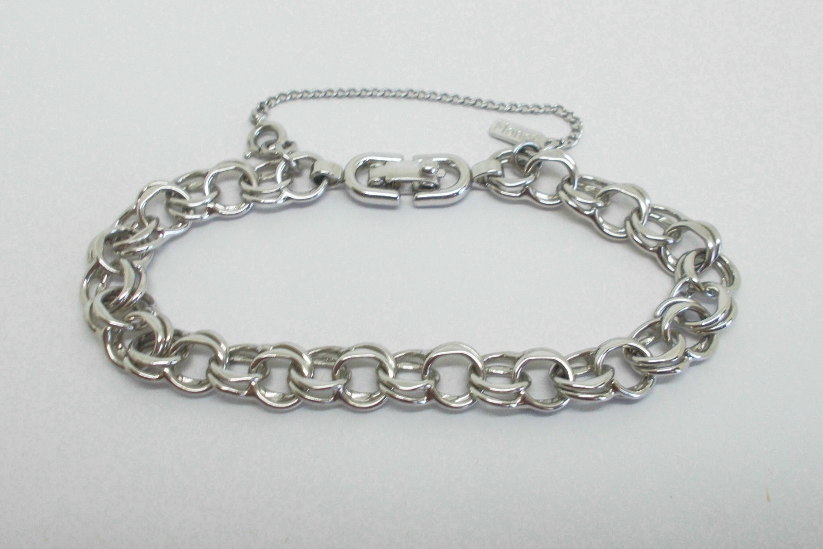 MONET~VINTAGE DOUBLE LINK Starter CHARM BRACELET Safety Chain Silver Tone~7.25″