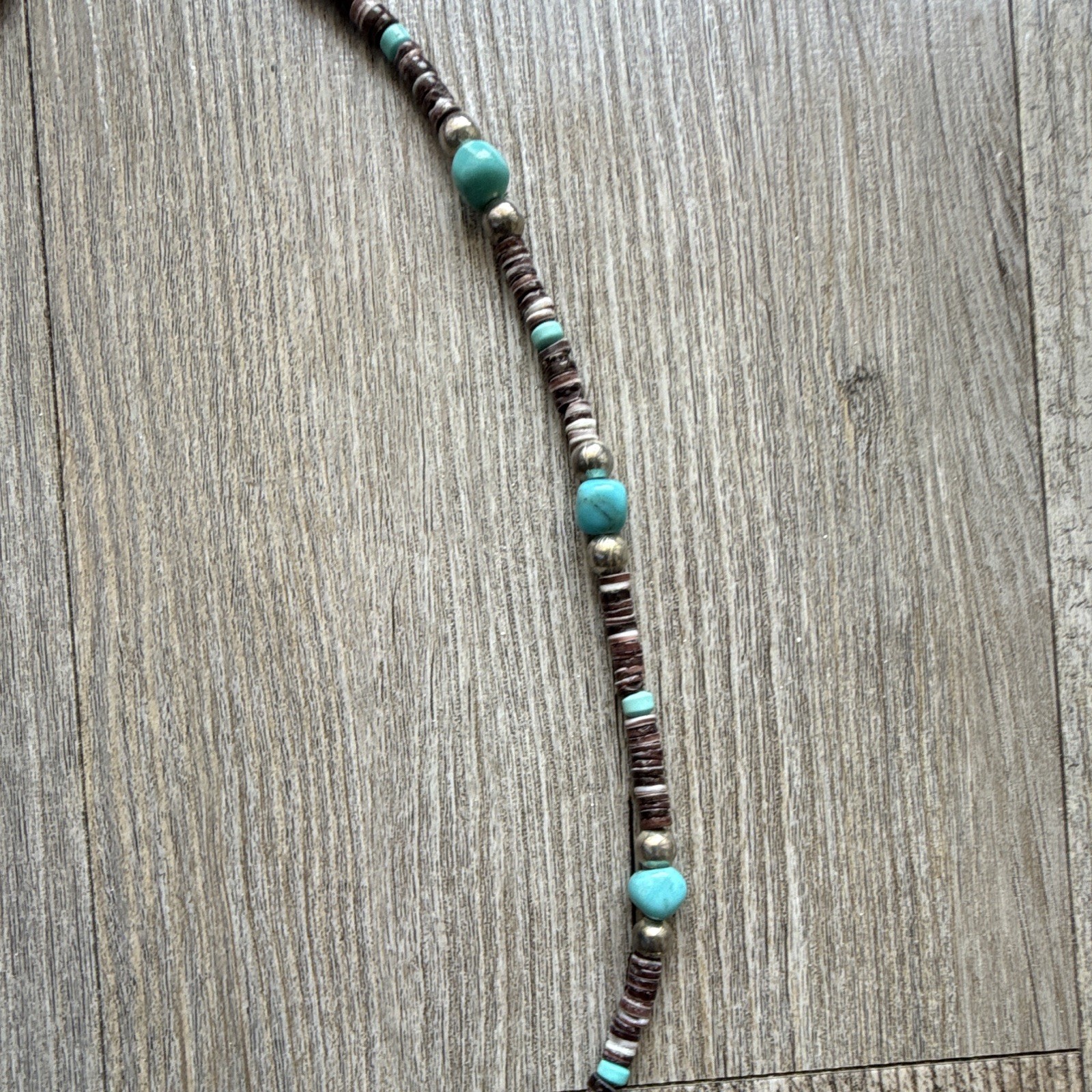 Beaded Necklace Turquoise Round Blue Beads Brown Heishi Silver Metal Hook Clasp